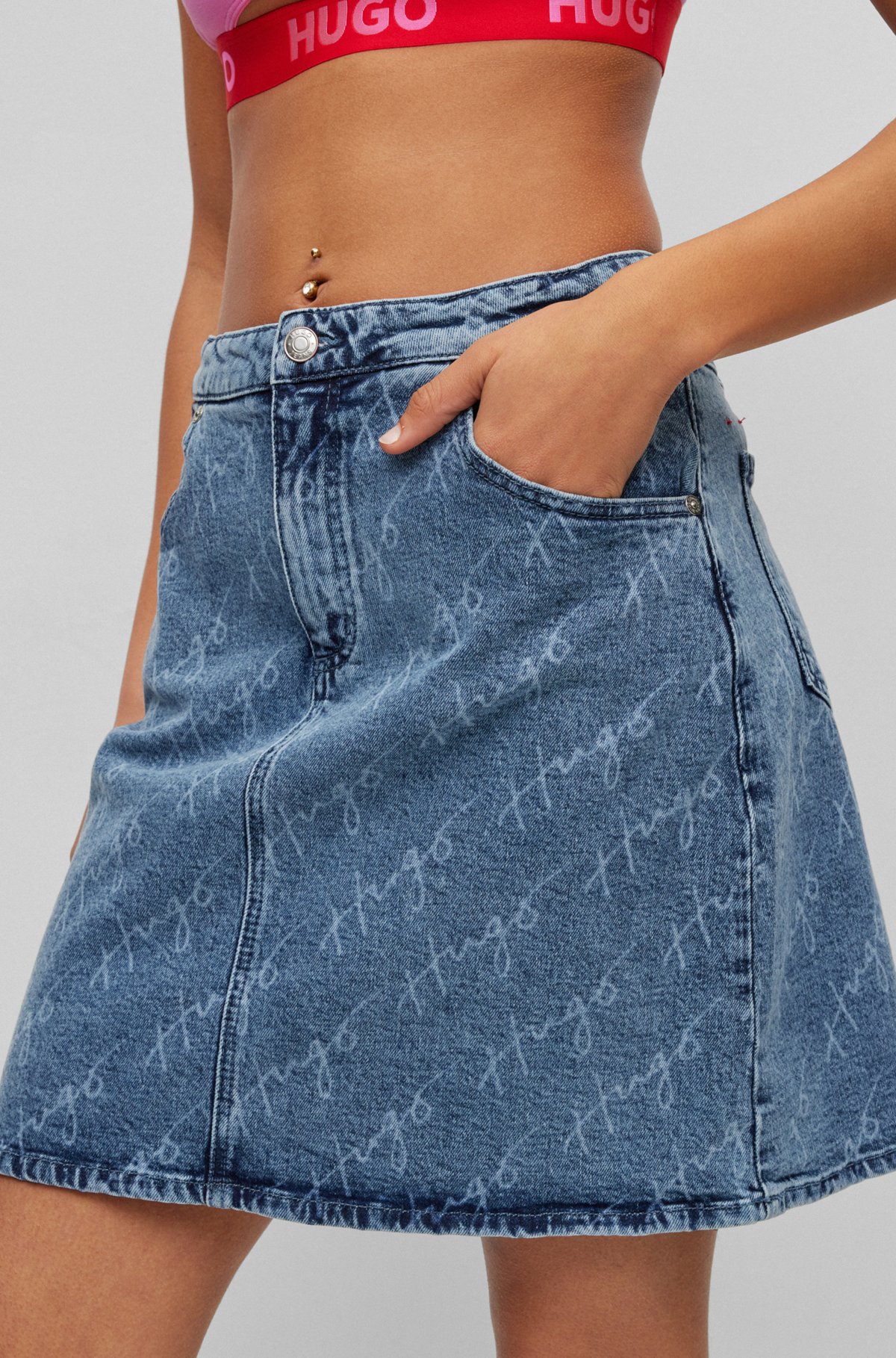 HUGO - Slim-fit denim mini skirt with handwritten logos
