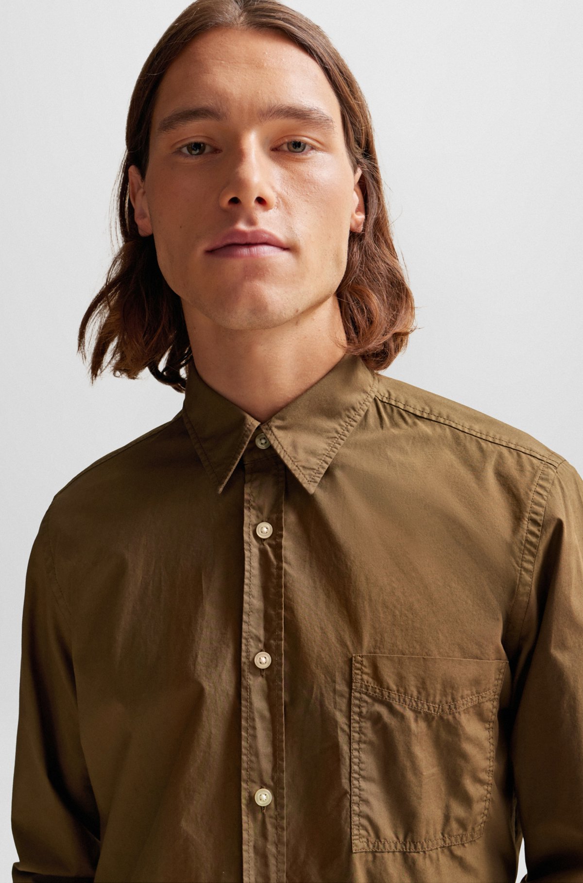 Regular-fit shirt in organic-cotton poplin, Dark Brown