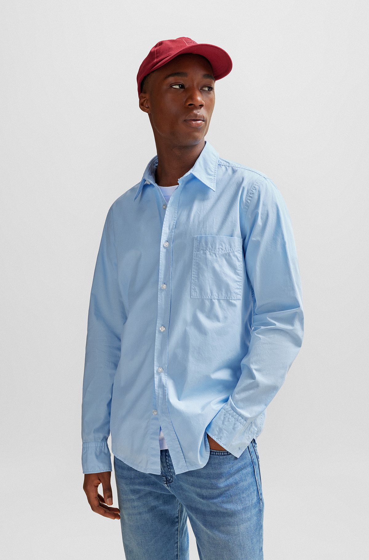 Regular-fit shirt in organic-cotton poplin, Light Blue