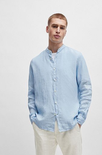 Regular-fit overhemd van linnen canvas, Lichtblauw