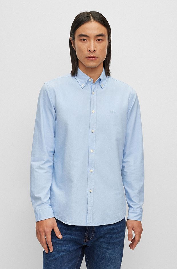Camisa de ajuste regular em algodão orgânico Oxford, Azul-claro