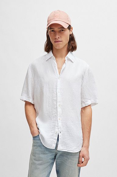 Camisa regular fit de lona de lino, Blanco