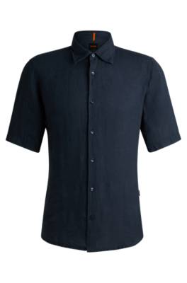 Hugo Boss Regular-fit Shirt In Linen Canvas In Blue