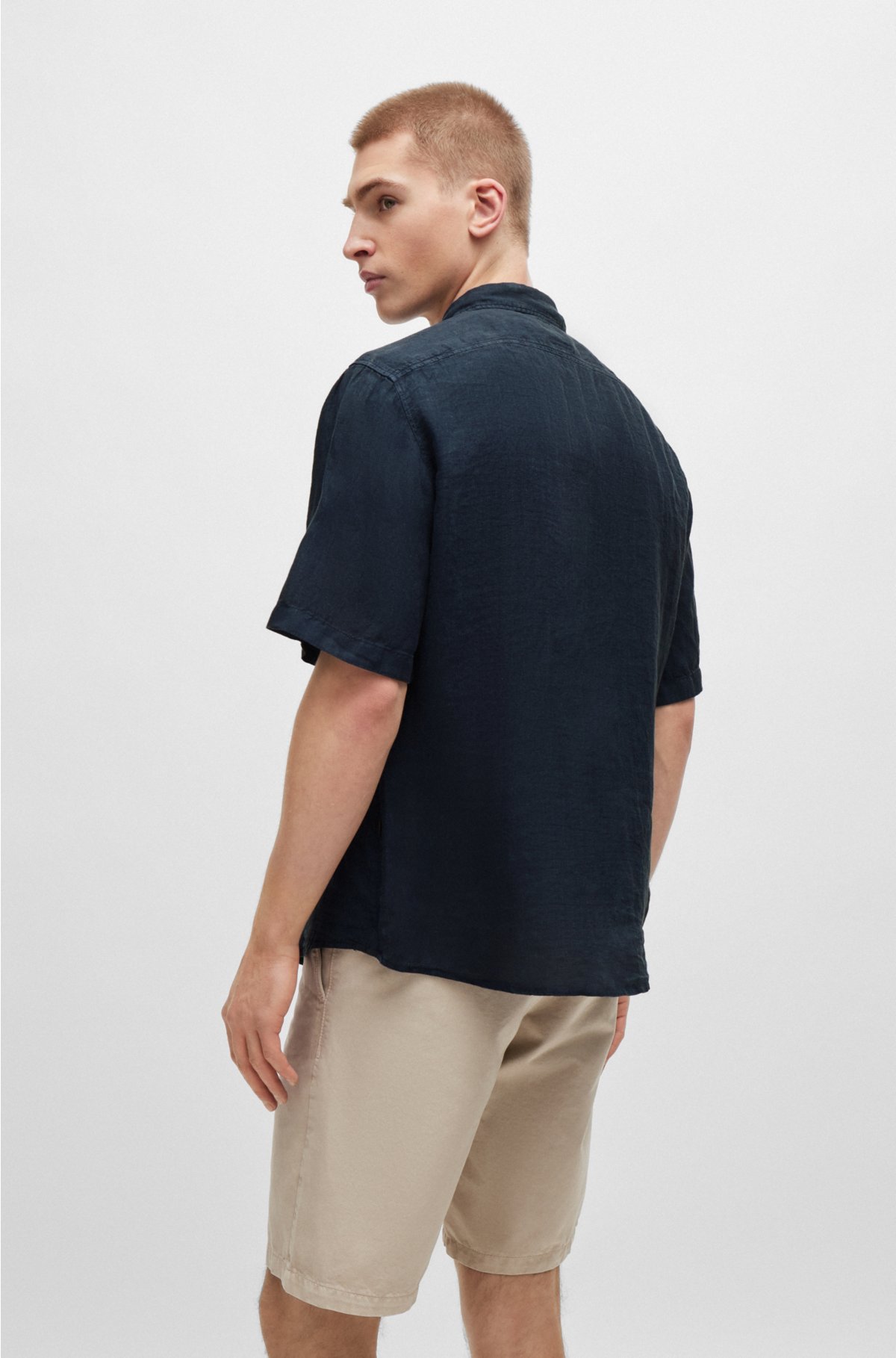 Regular-fit shirt in linen canvas, Dark Blue