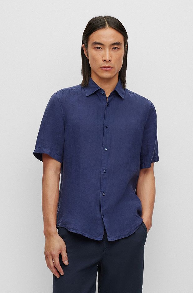 Regular-fit shirt in linen canvas, Dark Blue