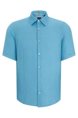 Hugo Boss Regular-fit Shirt In Linen Canvas In Blue