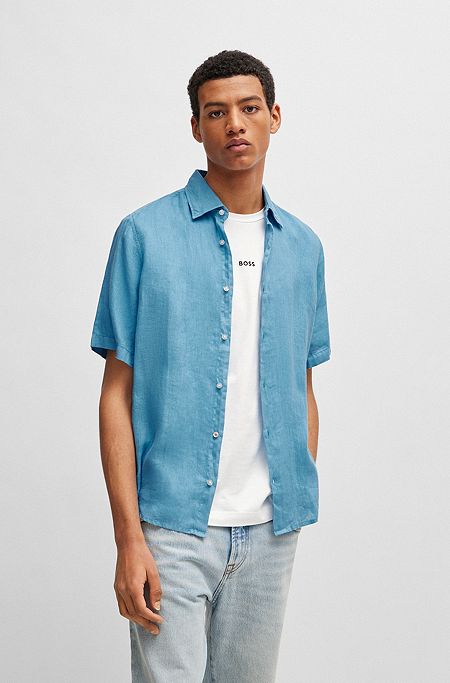Regular-fit overhemd van linnen canvas, Lichtblauw