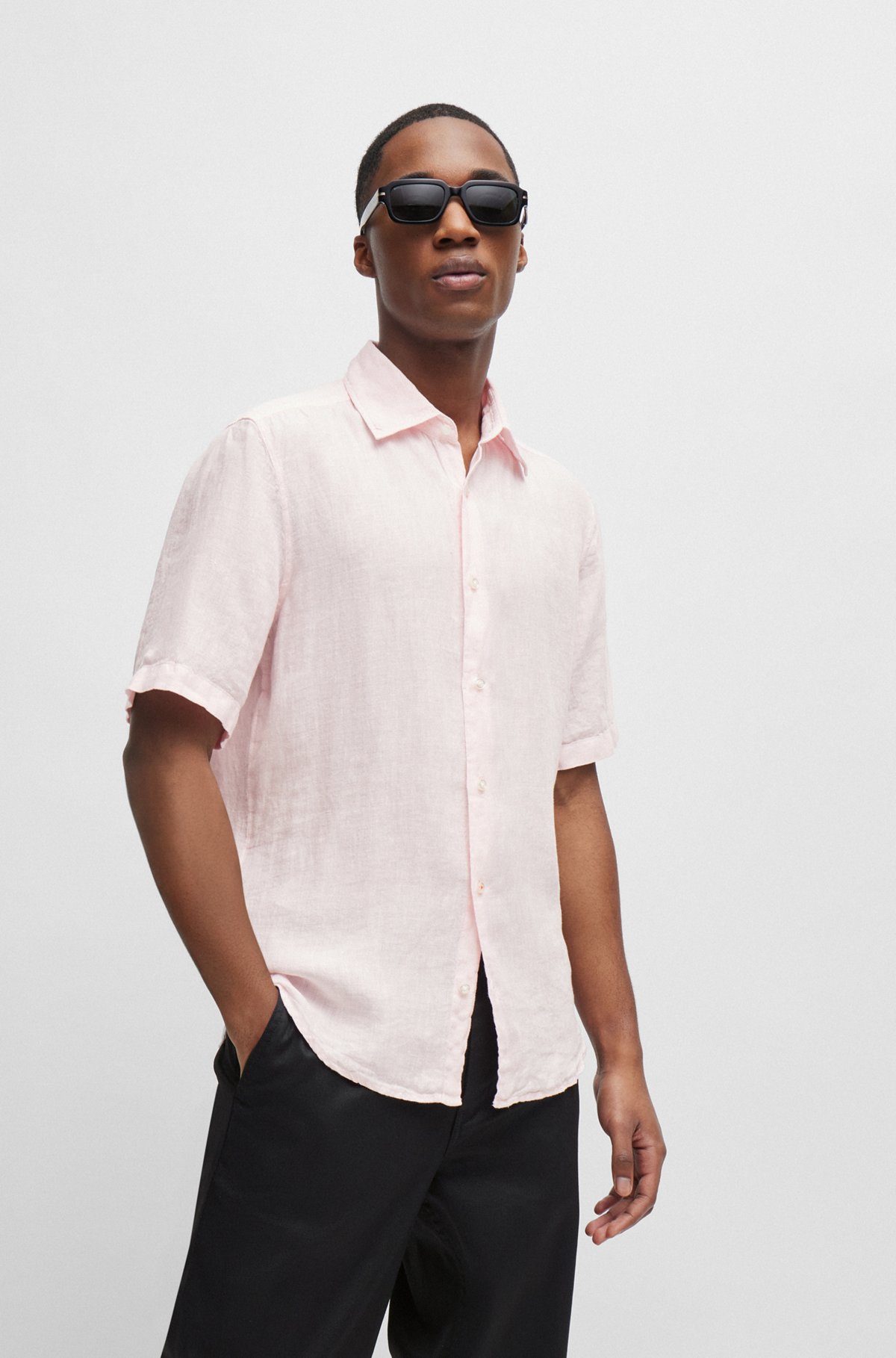Regular-fit shirt in linen canvas, light pink