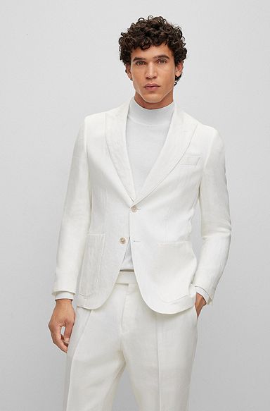 Slim-fit jacket in linen with peak lapels, White