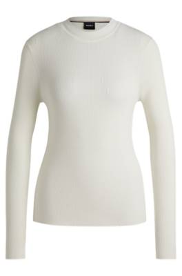 Hugo Boss Crew-neck Ribbed Sweater In Stretch Fabric In Soft Cream