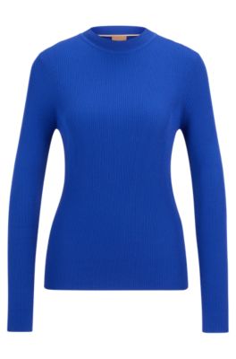 Hugo Boss Crew-neck Ribbed Sweater In Stretch Fabric In Blue