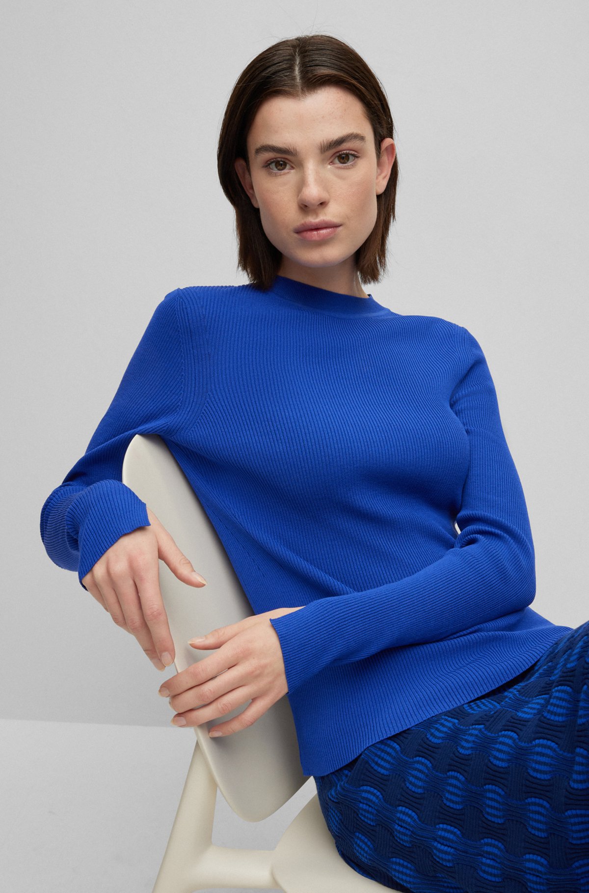 Crew-neck ribbed sweater in stretch fabric, Blue