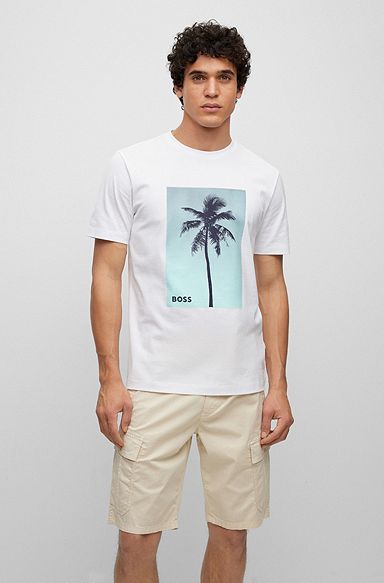 Cotton-jersey T-shirt with palm-tree print, White