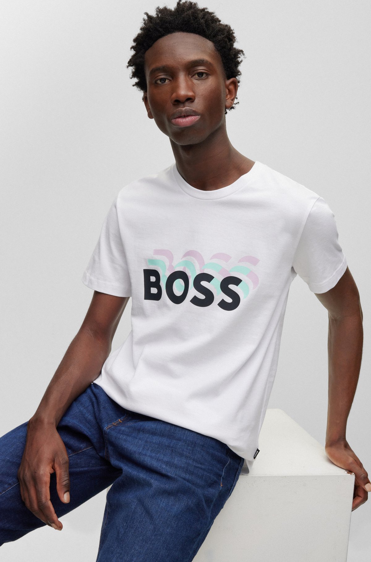 Boss - Cotton-Jersey Slim-Fit T-Shirt With Repeat Logos