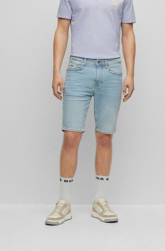 Tapered-fit shorts in comfort-stretch denim, Light Blue