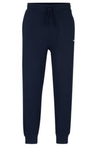 Cotton-terry tracksuit bottoms with logo print, Dark Blue