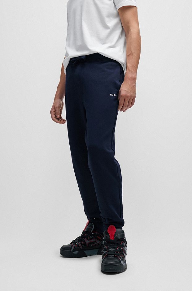 Cotton-terry tracksuit bottoms with logo print, Dark Blue
