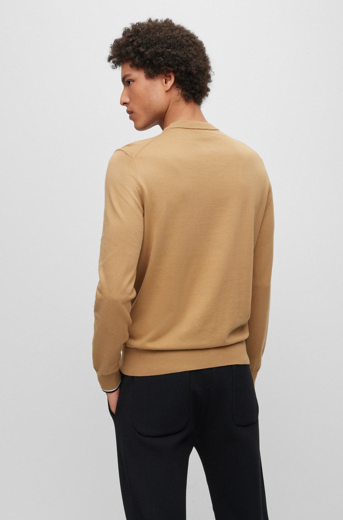 Organic-cotton sweater with signature-stripe tipping, Beige
