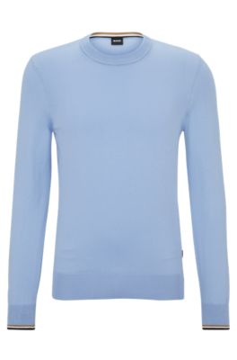 Hugo Boss Organic-cotton Sweater With Signature-stripe Tipping In Light Blue