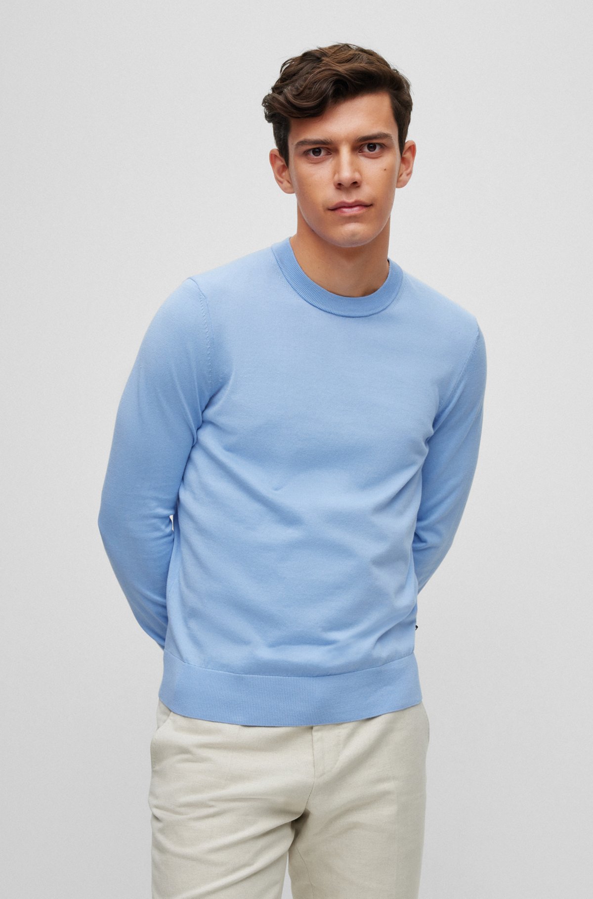 Organic-cotton sweater with signature-stripe tipping, Light Blue