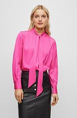 Stretch-silk long-sleeved blouse with tie neckline, Pink
