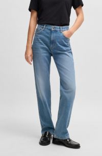 Vaqueros de talle alto en cómodo denim elástico azul, Azul