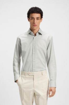 Regular-fit shirt in easy-iron structured stretch cotton, Light Green
