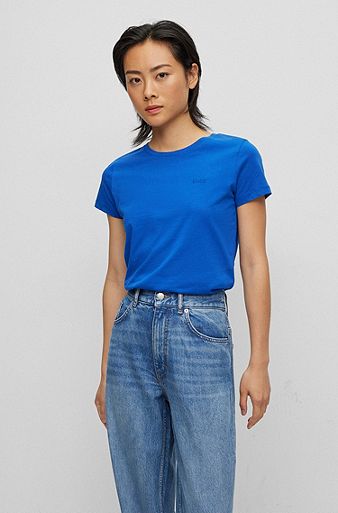 Camiseta slim fit de algodón con logo en tono a juego, Azul