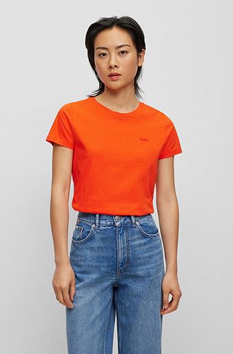Camiseta slim fit de algodón con logo en tono a juego, Naranja