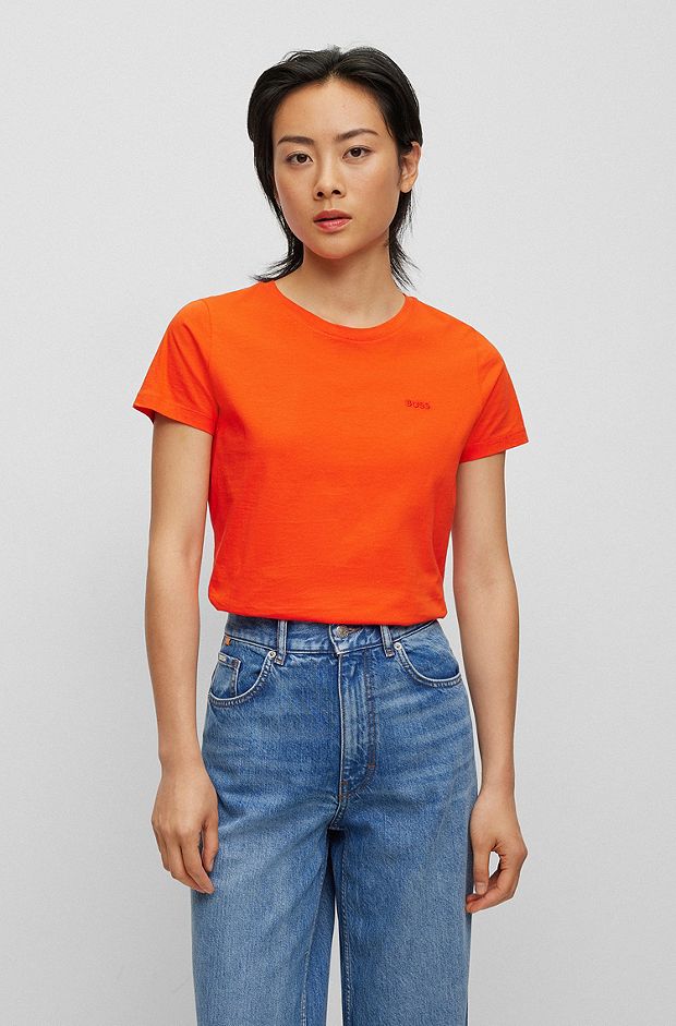 Camiseta slim fit de algodón con logo en tono a juego, Naranja