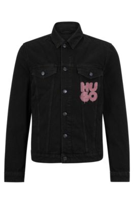 HUGO - Regular-fit denim jacket with graffiti-style stacked