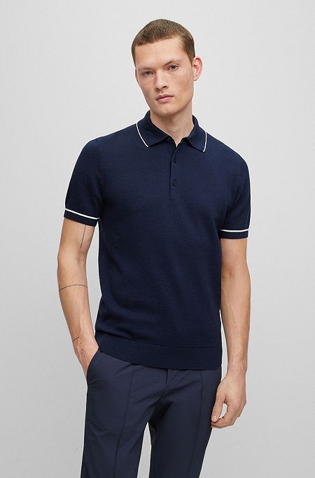 Structured-cotton regular-fit polo sweater with contrast tipping, Dark Blue