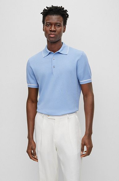 Structured-cotton regular-fit polo sweater with contrast tipping, Light Blue
