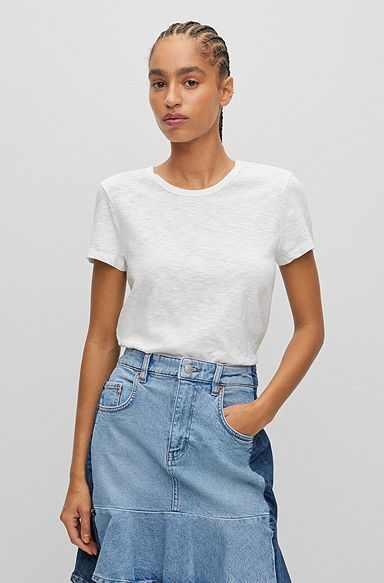 Camiseta regular fit de algodón flameado con cuello redondo, Blanco