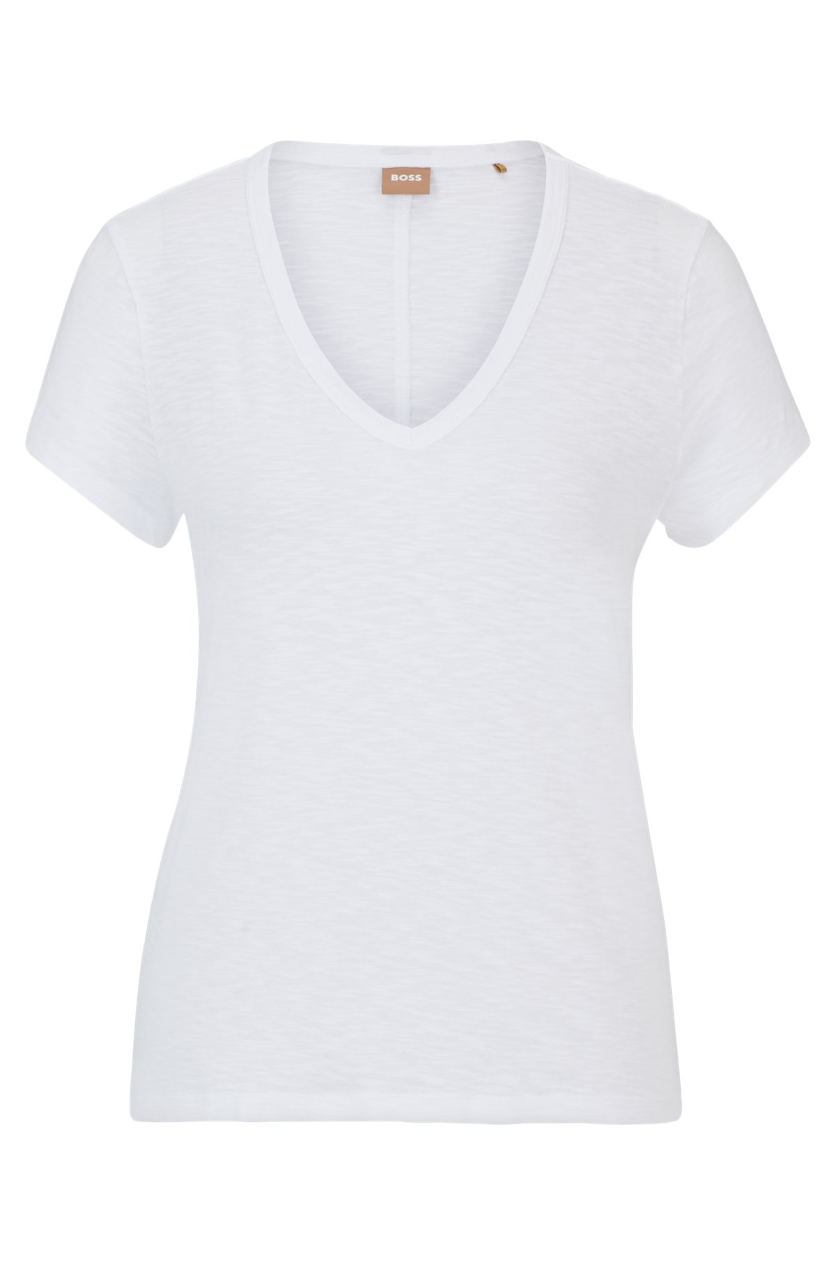 Slub-cotton regular-fit T-shirt with V neckline, White