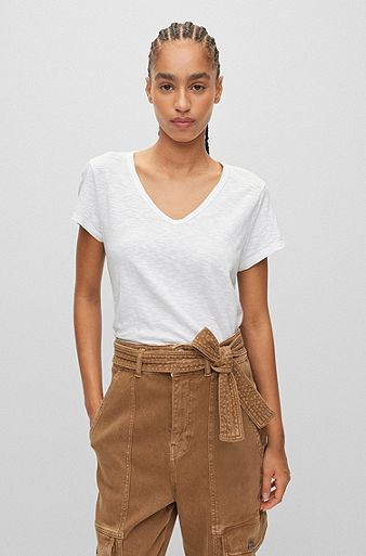 Regular-Fit T-Shirt aus strukturierter Baumwolle mit V-Ausschnitt, Weiß