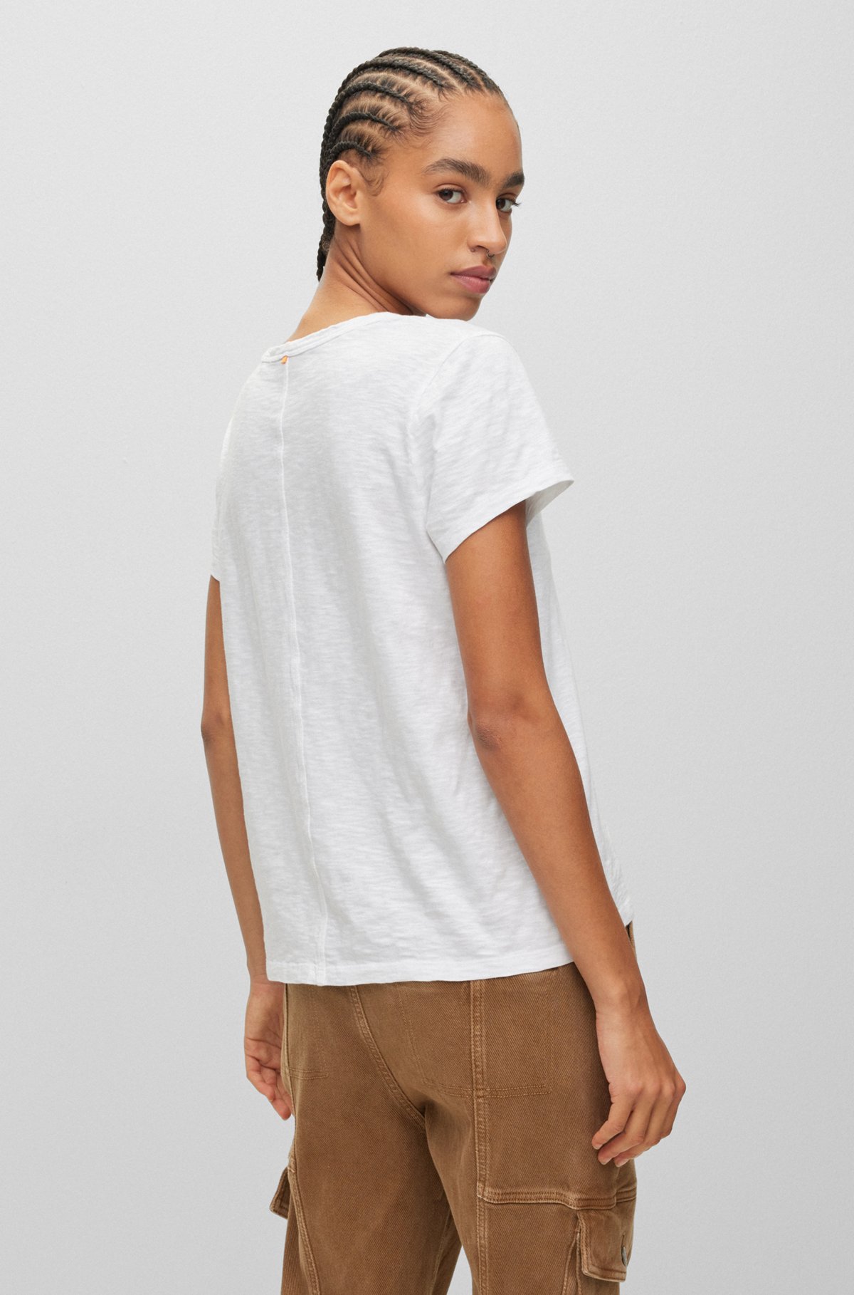 Slub-cotton regular-fit T-shirt with V neckline, White