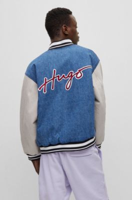 HUGO - Signature-trim denim varsity jacket with contrast sleeves