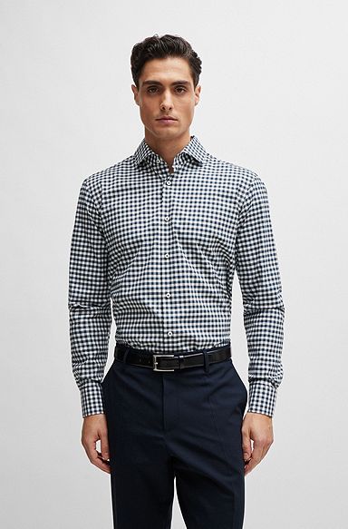 Regular-fit shirt in easy-iron checked cotton poplin, Dark Blue
