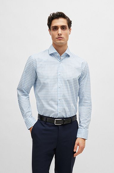 Regular-fit shirt in easy-iron checked cotton poplin, Light Blue
