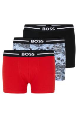Hugo Boss Three-pack Of Stretch-cotton Trunks With Logo Waistbands In Blue Patterned