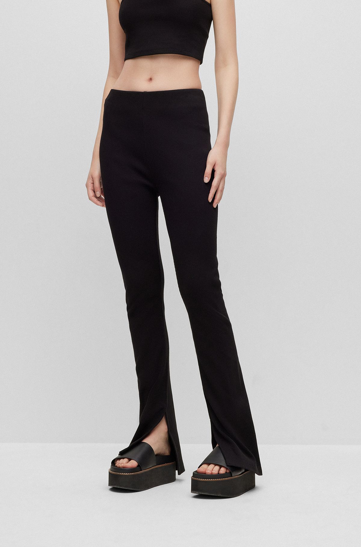 High-waisted flared leggings in stretch cotton, Black