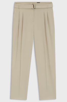 Regular-Fit Hose aus knitterfreiem Krepp in Cropped-L&auml;nge, Hellbeige