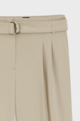 Regular-Fit Hose aus knitterfreiem Krepp in Cropped-L&auml;nge, Hellbeige