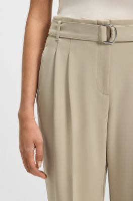 Regular-Fit Hose aus knitterfreiem Krepp in Cropped-L&auml;nge, Hellbeige