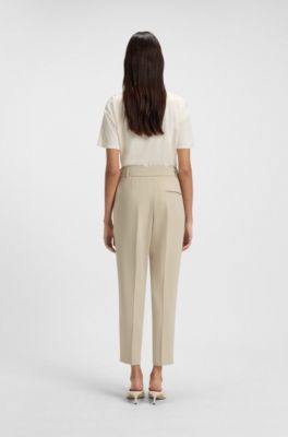 Regular-Fit Hose aus knitterfreiem Krepp in Cropped-L&auml;nge, Hellbeige