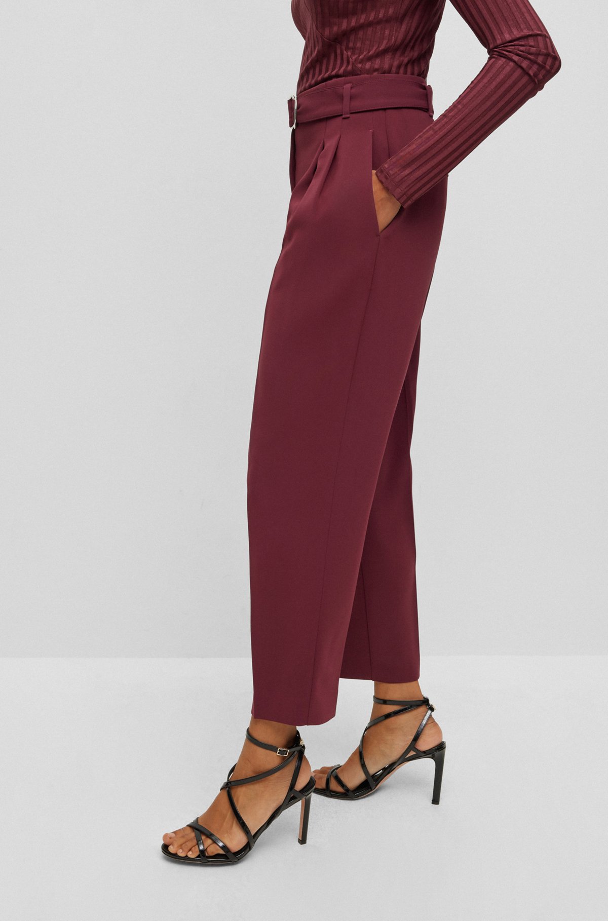 Cropped regular-fit trousers in Japanese crepe, Dark Red