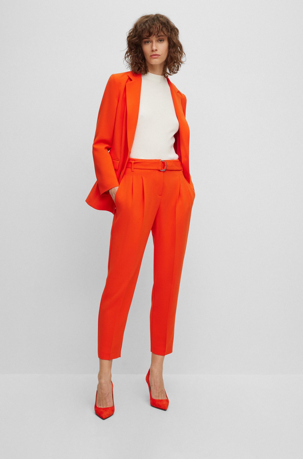Regular-Fit Hose aus japanischem Krepp in Cropped-Länge, Orange