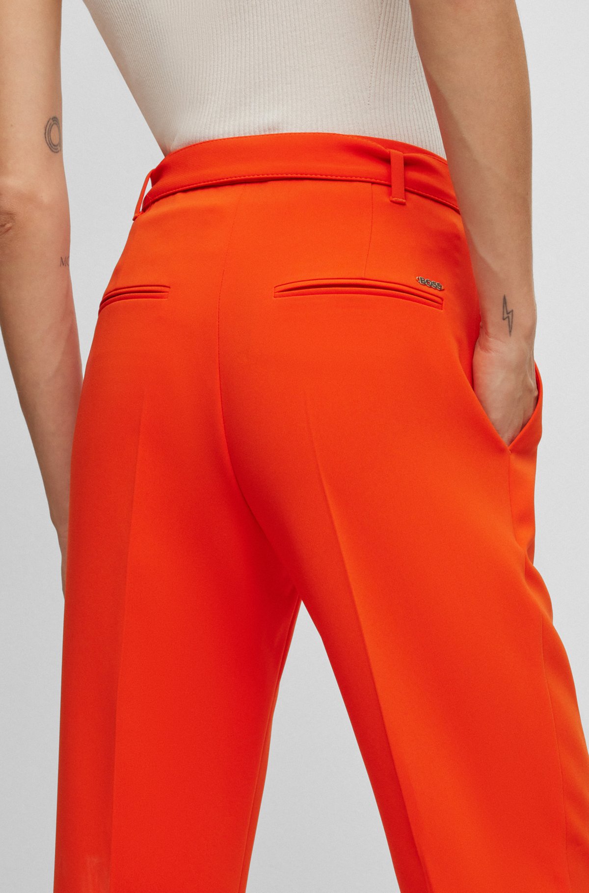 Cropped regular-fit trousers in Japanese crepe, Orange