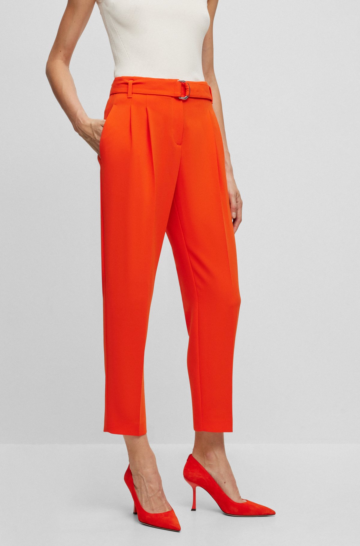 Cropped regular-fit trousers in Japanese crepe, Orange